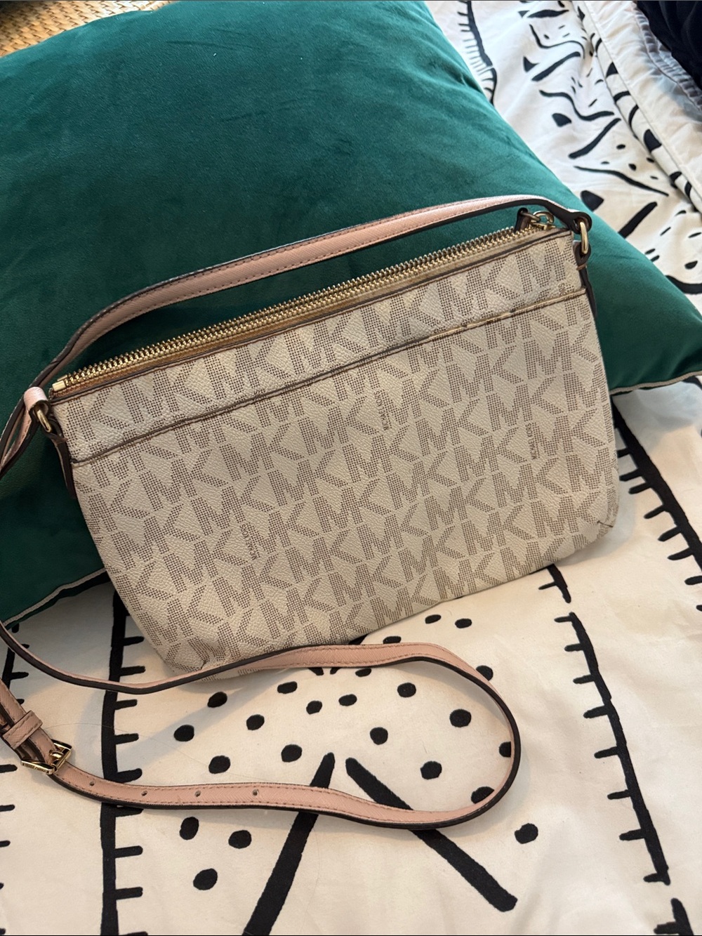 Michael Kors Beige Logo Crossbody with Pink Trim and Gold Hardware